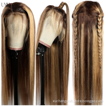 Uniky Brazilian Virgin Cuticle Aligned Human Hair Lace Front Wigs Highlight Color Honey Blonde Straight Wig for Black Women